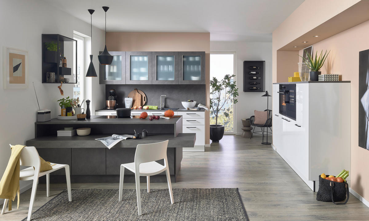 EINBAUKÜCHE DK411  - Weiß Hochglanz/Grau, Design, Holzwerkstoff - Dieter Knoll