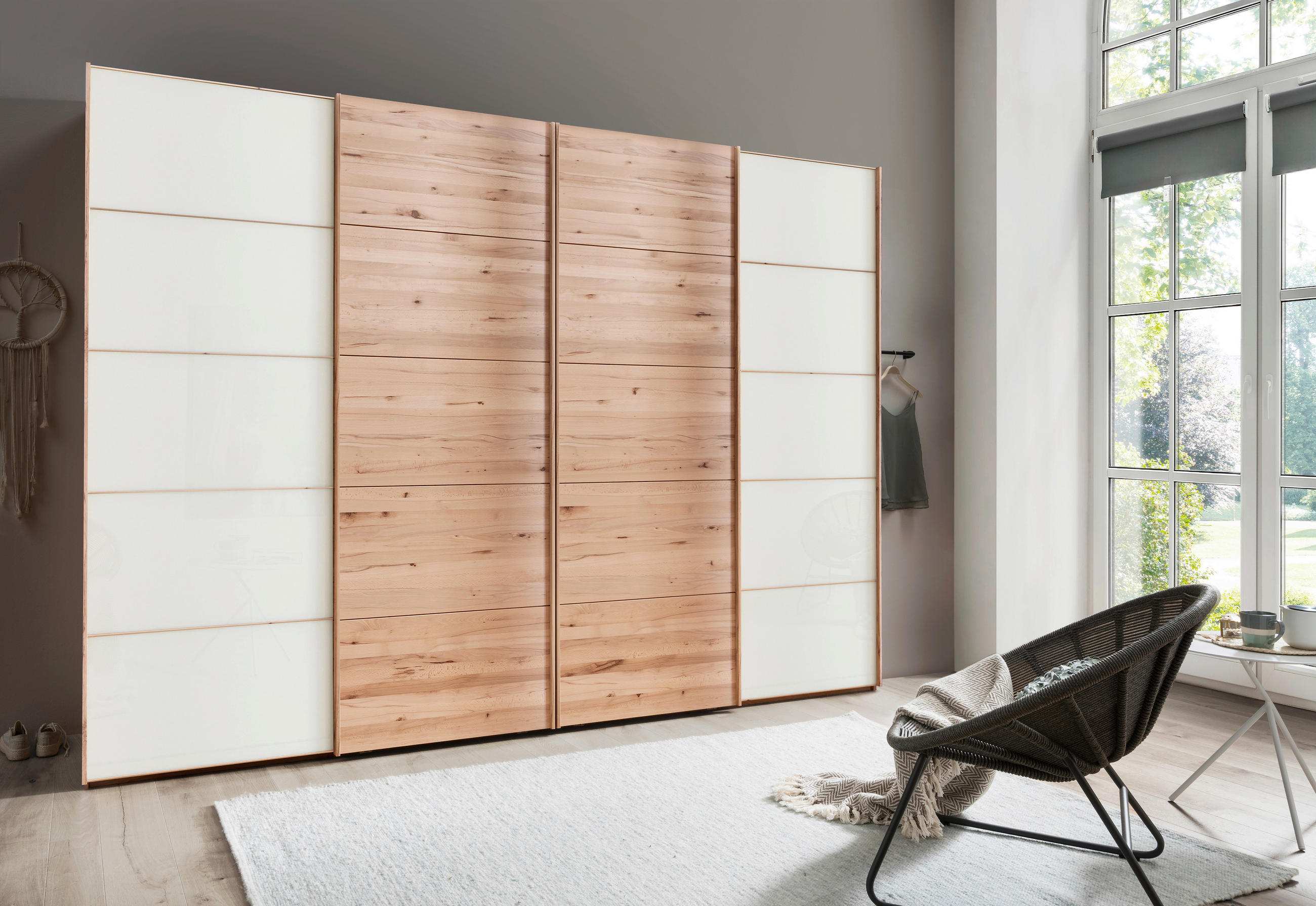 SCHWEBETÜRENSCHRANK 330/217/67 cm 4-türig Weiß, Buchefarben  - Buchefarben/Weiß, Natur, Glas/Holz (330/217/67cm) - Linea Natura