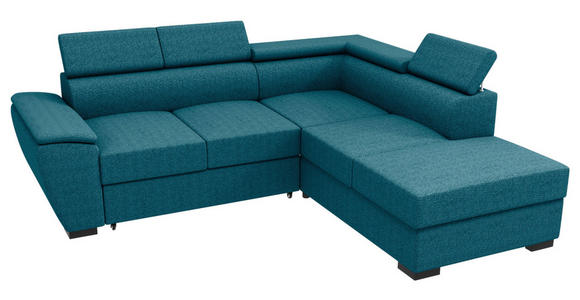 ECKSOFA Petrol Flachgewebe Schlaffunktion, Rücken echt, Kopfteilverstellung, Liegefläche im Originalstoff  - Petrol/Schwarz, KONVENTIONELL, Kunststoff/Textil (266/220cm) - Carryhome