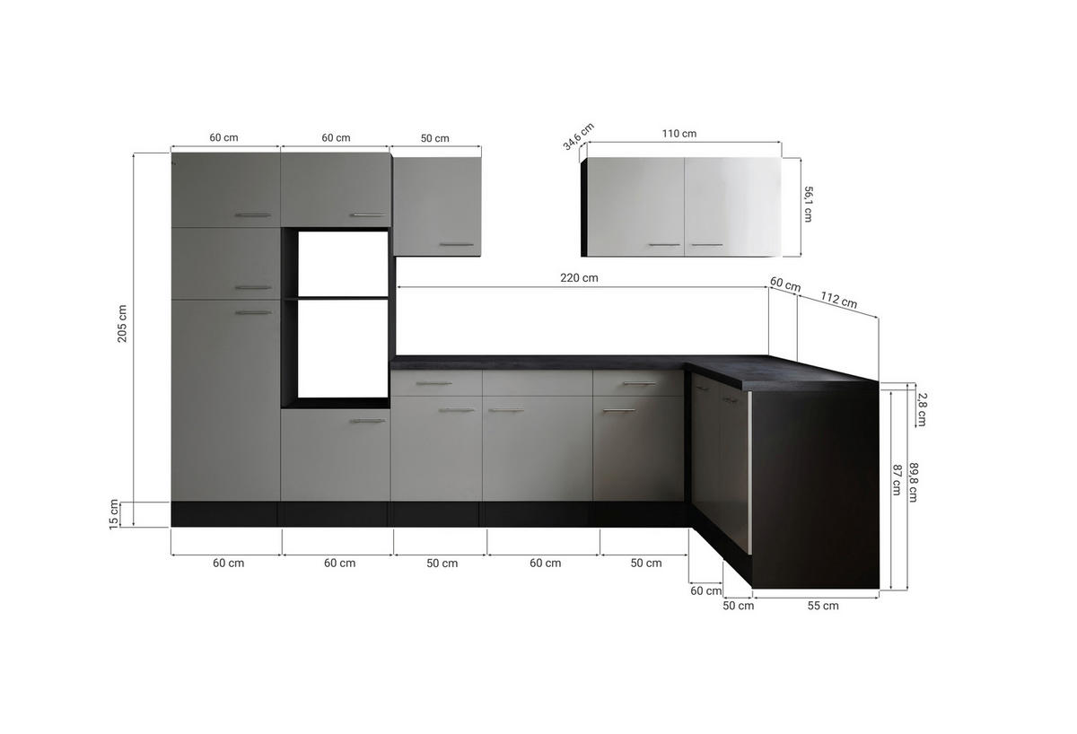 ECKKÜCHE 340/172 cm  in Dunkelgrau  - Dunkelgrau/Schwarz, Design, Holzwerkstoff/Metall (340/172cm) - Respekta