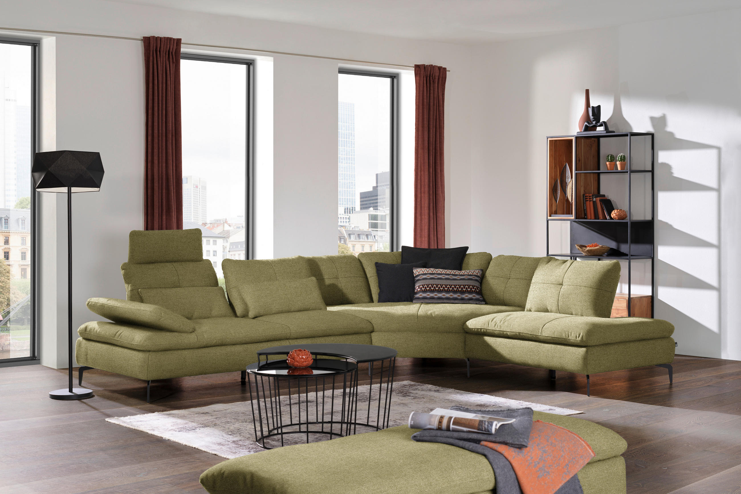ECKSOFA in Flachgewebe Olivgrün  - Schwarz/Olivgrün, Design, Textil/Metall (344/271cm) - Chilliano