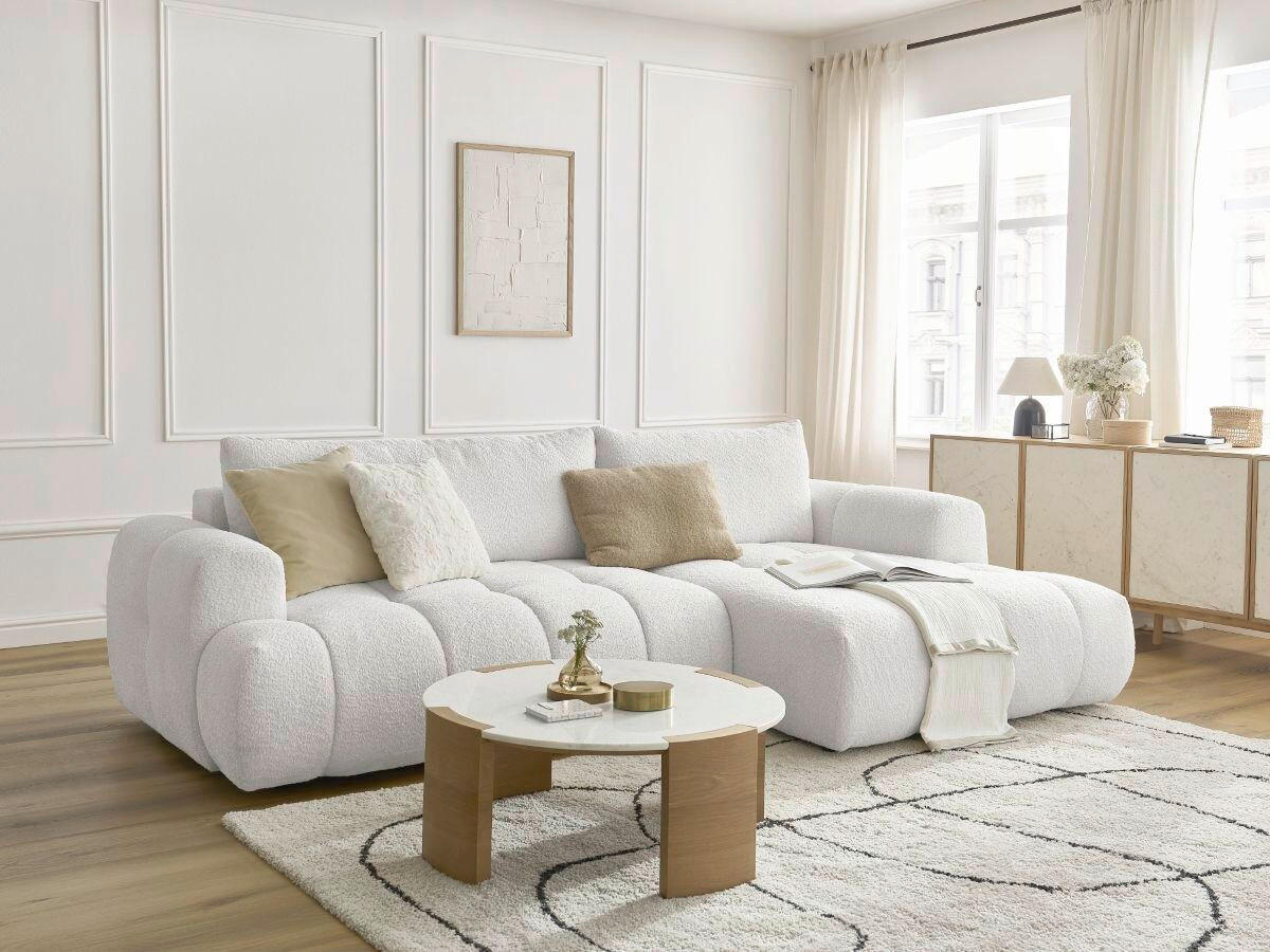 ECKSCHLAFSOFA FUJI Bouclé Weiß  inkl.  - Schwarz/Weiß, MODERN, Kunststoff/Textil (292/160cm)