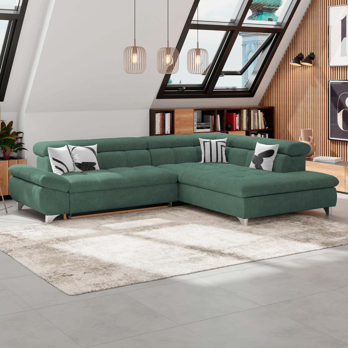 ECKSOFA Waldgrün Chenille  - Waldgrün/Chromfarben, KONVENTIONELL, Textil/Metall (312/234cm) - Livetastic