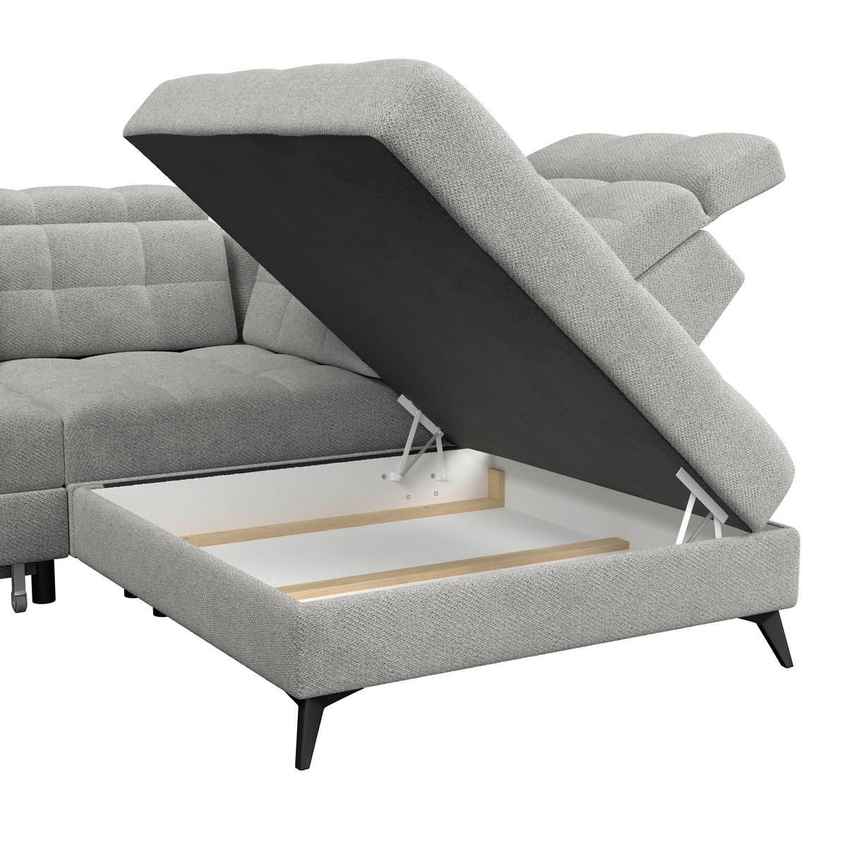 ECKSOFA BARLETTA NEW Hellgrau Velours Bettkasten, Kopfteilverstellung, Sitztiefenverstellung, Liegefläche im Originalstoff  - Hellgrau/Schwarz, ROMANTIK / LANDHAUS, Textil/Metall (289/228cm) - MID.YOU