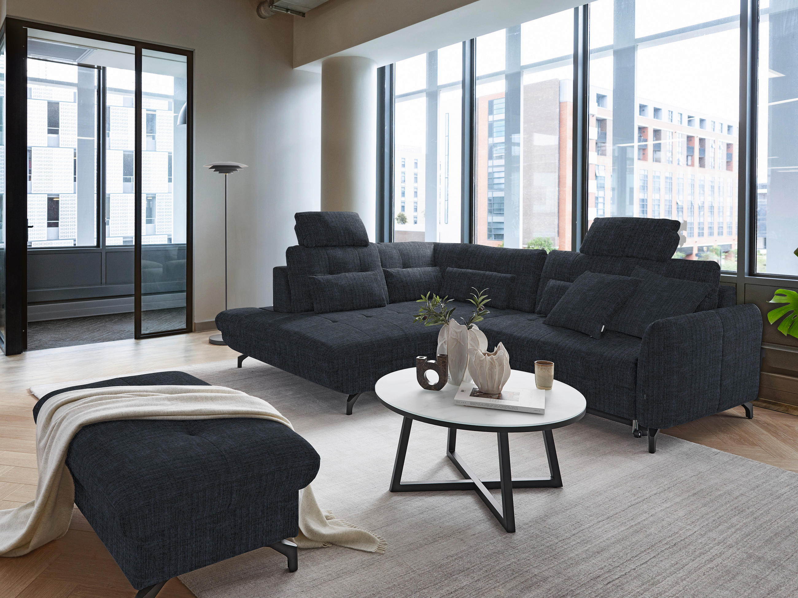 ECKSOFA in Flachgewebe, Leinenoptik Dunkelblau  208/247 cm  - Schwarz/Dunkelblau, Design, Textil/Metall (208/247cm) - Xora