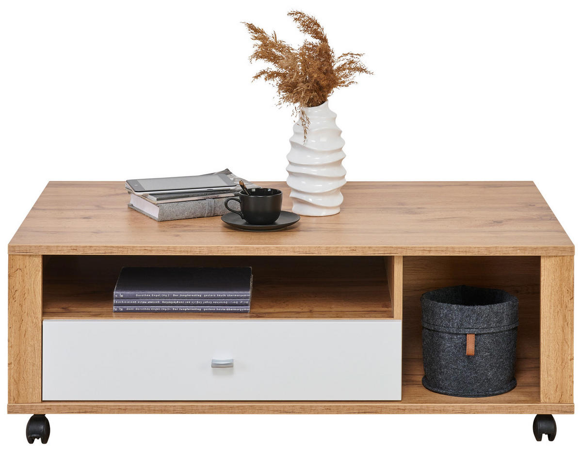COUCHTISCH 110/65/41 cm rechteckig Weiß, Eichefarben  - Chromfarben/Eichefarben, KONVENTIONELL, Holzwerkstoff/Kunststoff (110/65/41cm) - Ti'me