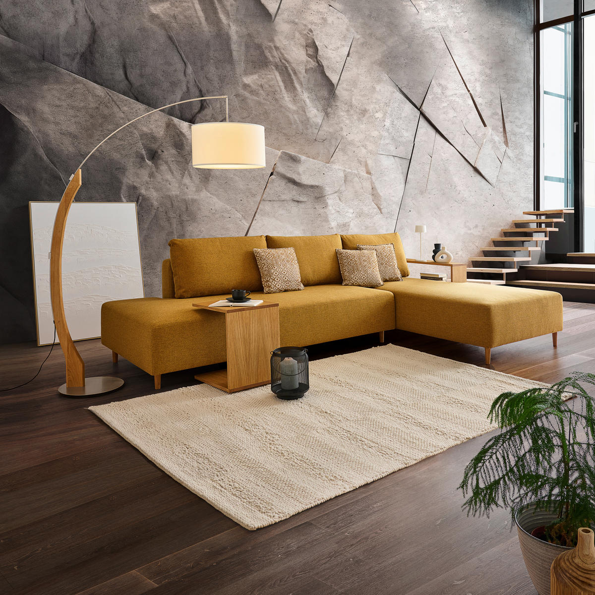 ECKSOFA in Flachgewebe Gelb  - Eichefarben/Gelb, Design, Holz/Textil (307/190cm) - Joka