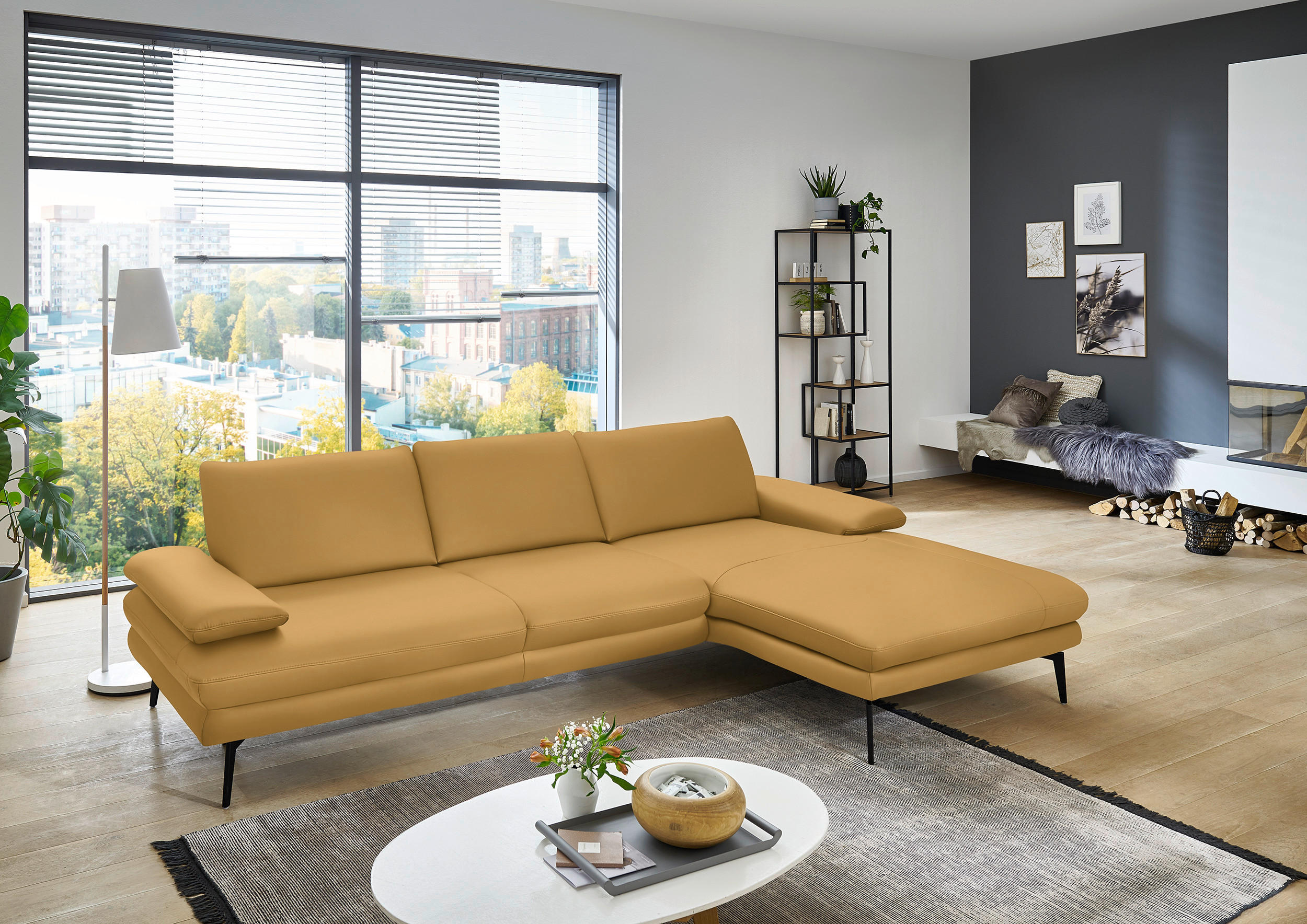 ECKSOFA in Echtleder Gelb  - Gelb/Schwarz, Design, Leder/Metall (310/180cm) - Dieter Knoll