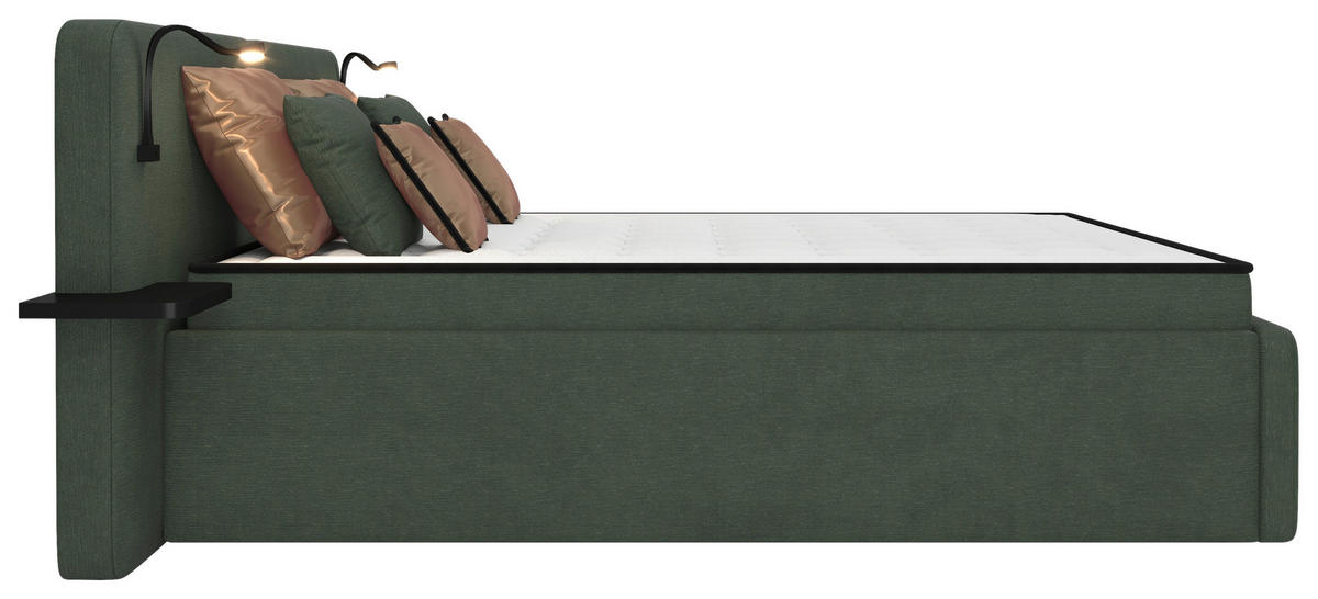 POLSTERBETT 180/200 cm,  in Waldgrün, gepolstertes Kopfteil, Beleuchtung, Lattenrost, H2 + H3 = mittel + fest  - Waldgrün/Schwarz, MODERN, Kunststoff/Textil (180/200cm) - Chameo