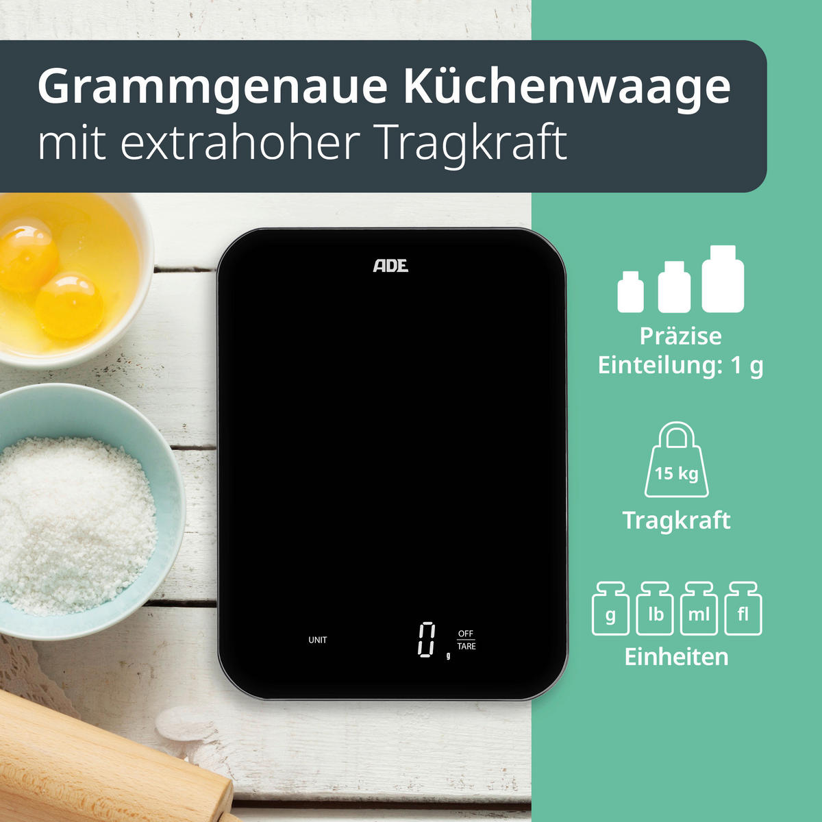 ELEKTRISCHE KÜCHENWAAGE - Schwarz, Basics, Glas (17/23/1.8cm) - ADE