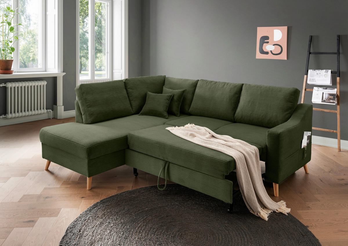 ECKSOFA in Cord Dunkelgrün  - Dunkelgrün/Naturfarben, Modern, Holz/Textil (200/230cm) - Livetastic