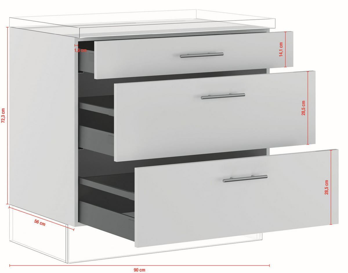 SCHUBKASTENUNTERSCHRANK 90/87,8/57,6 cm  in Weiß  - Edelstahlfarben/Weiß, Basics, Holzwerkstoff/Metall (90/87,8/57,6cm) - Impuls