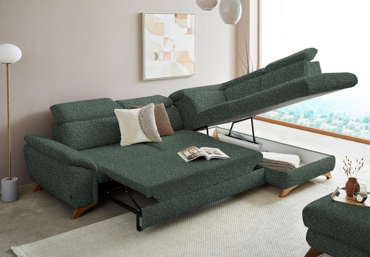 ECKSOFA in Bouclé Grün  - Eichefarben/Grün, Modern, Holz/Textil (287/212cm) - Valnatura