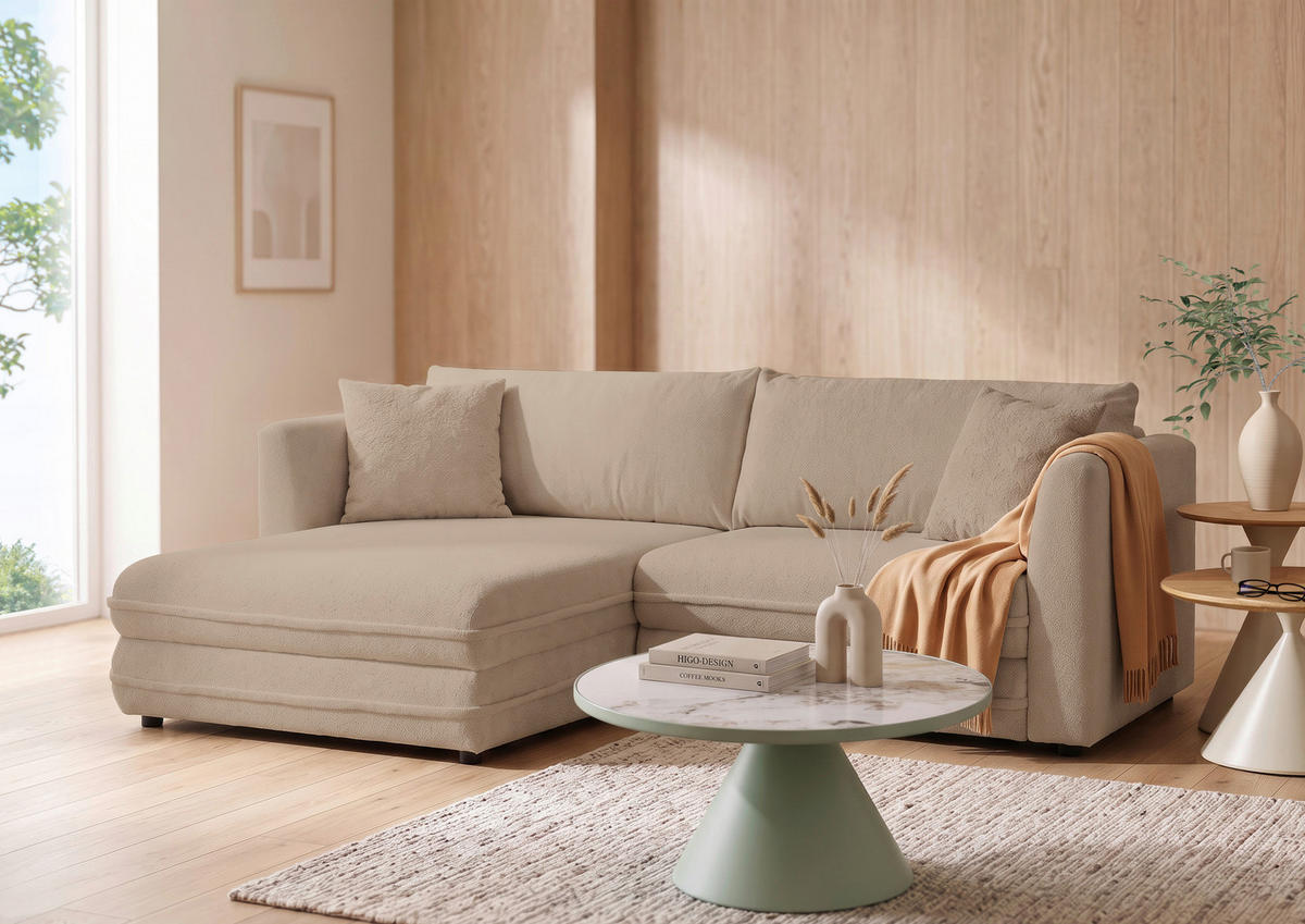 ECKSOFA Hellbraun Plüsch Zierkissen, Rückenkissen, Bettkasten, Schlaffunktion, Rücken echt, Liegefläche im Originalstoff  - Hellbraun/Beige, MODERN, Kunststoff/Textil (246/178cm) - Carryhome