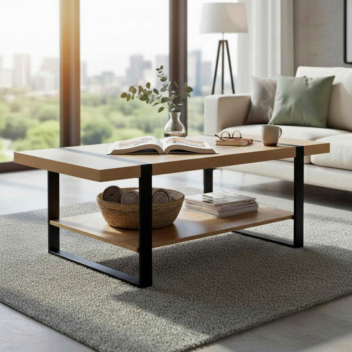 COUCHTISCH 120/60/45 cm rechteckig Schwarz, Eichefarben  - Eichefarben/Schwarz, Design, Holzwerkstoff/Metall (120/60/45cm)