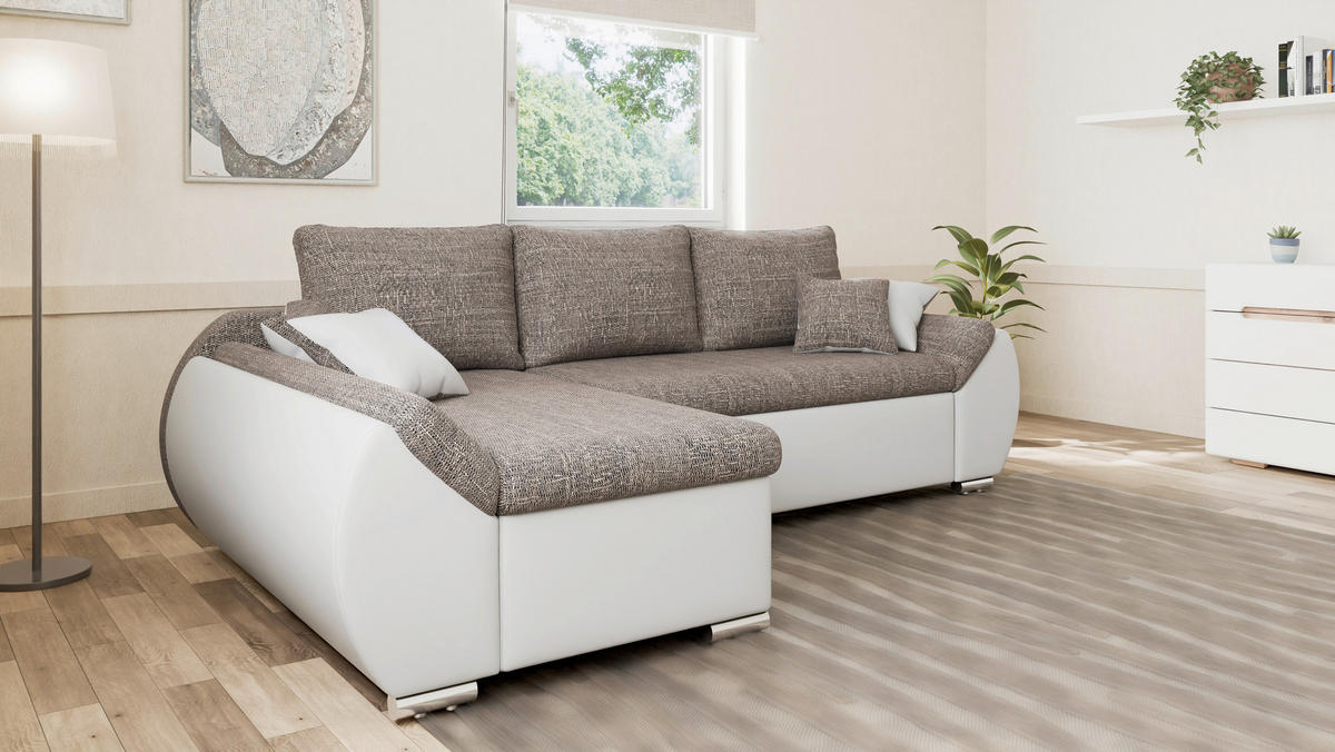 ECKSOFA  AURO Braun, Weiß  - Silberfarben/Braun, Design, Kunststoff/Textil (275/155cm) - MID.YOU