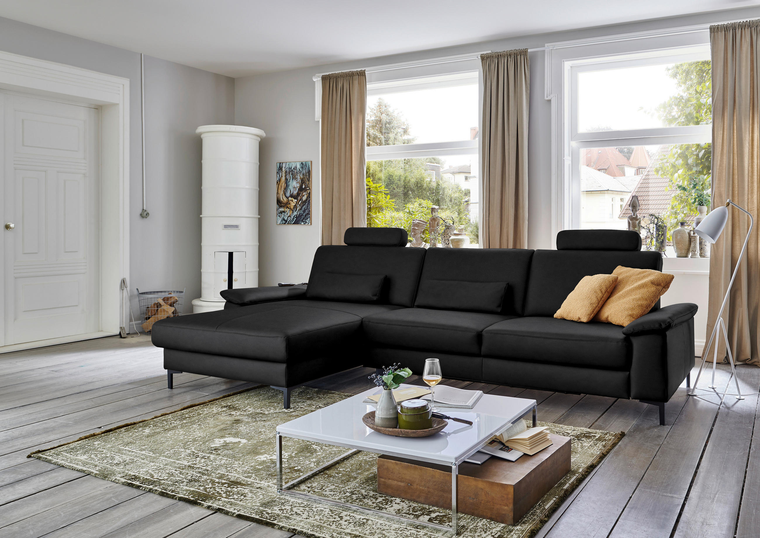 ECKSOFA in Echtleder Schwarz  - Schwarz, Design, Leder/Metall (176/334cm) - Dieter Knoll