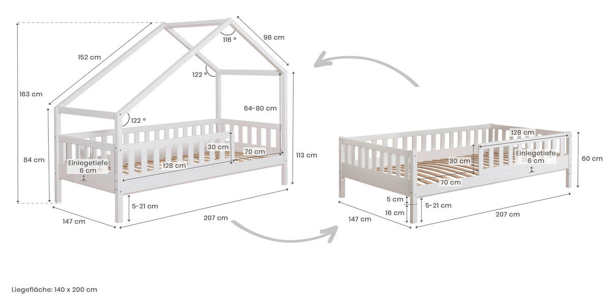 HAUSBETT Absturzsicherung, Rollrost, Bettkasten 140/200 cm  - Naturfarben/Weiß, MODERN, Holz (140/200cm) - MID.YOU