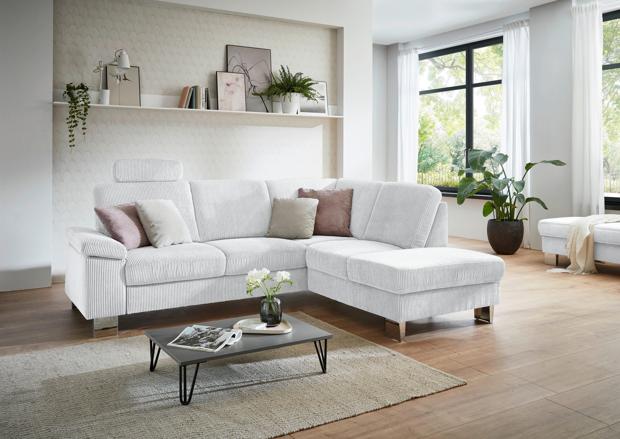 ECKSOFA in Cord Silberfarben  - Edelstahlfarben/Silberfarben, Konventionell, Textil/Metall (248/200cm) - Beldomo System