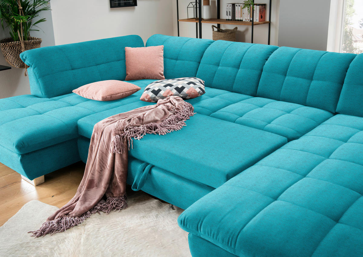 WOHNLANDSCHAFT Mikrofaser Türkis  - Türkis/Chromfarben, Design, Kunststoff/Textil (211/350/204cm) - Xora