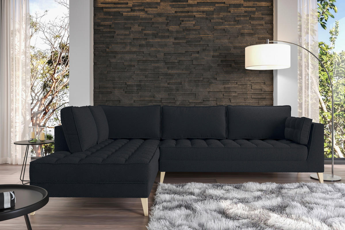 ECKSOFA in Bouclé Schwarz  - Schwarz/Naturfarben, Design, Holzwerkstoff/Textil (204/310cm) - MID.YOU