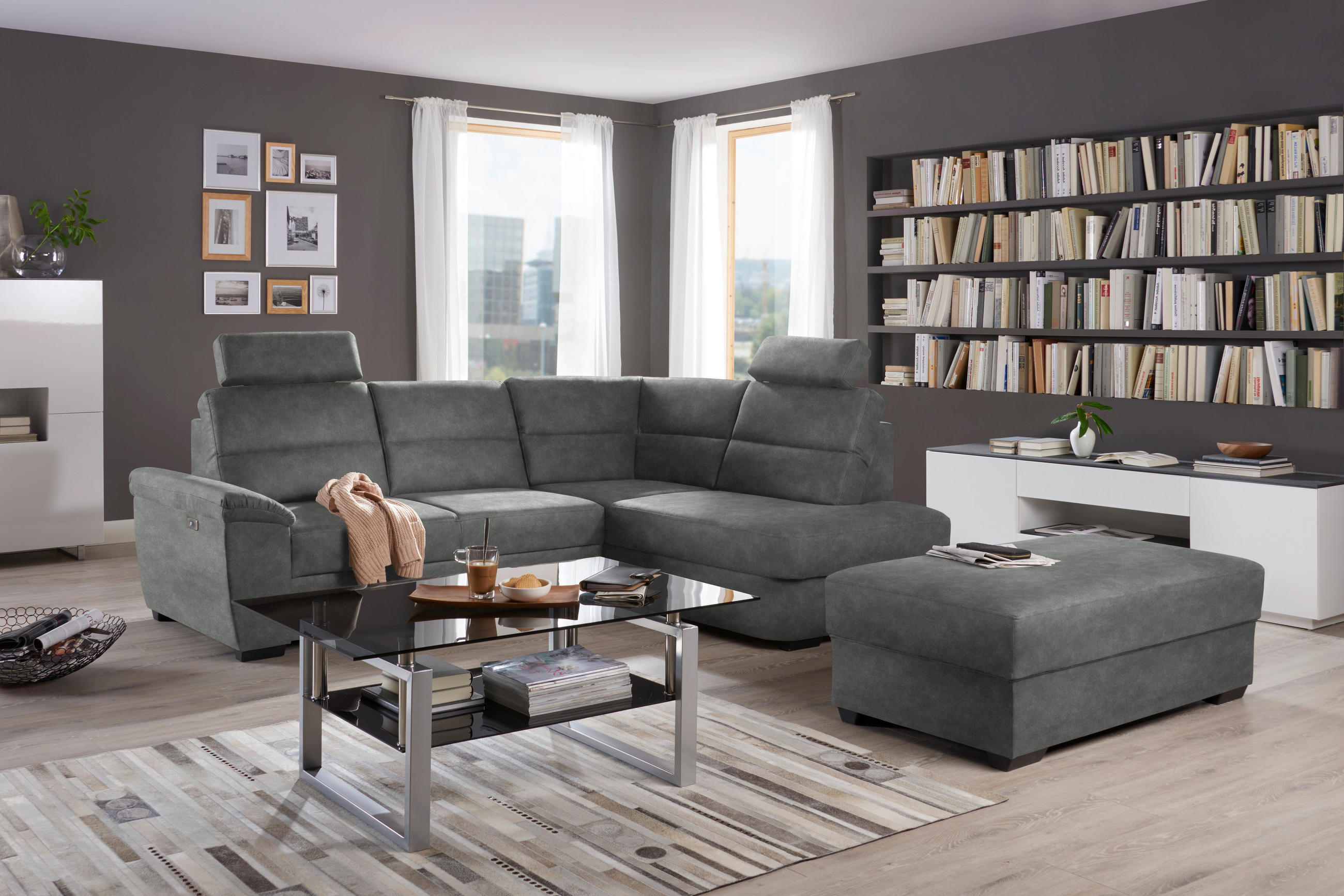 ECKSOFA Hellgrau Lederlook  - Dunkelbraun/Hellgrau, KONVENTIONELL, Kunststoff/Textil (251/193cm) - Cantus