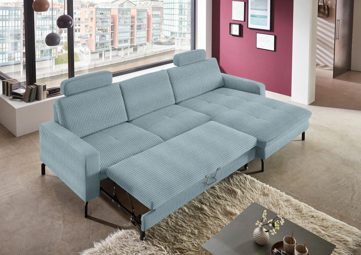 ECKSOFA in Cord Hellblau  - Schwarz/Hellblau, Design, Textil/Metall (302/178cm) - Beldomo Style