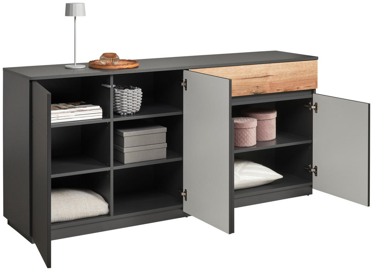 SIDEBOARD 180/85/42 cm couleur graphite, couleur de chêne  - couleur graphite/couleur de chêne, Konventionell, matériau de bois (180/85/42cm) - Carryhome