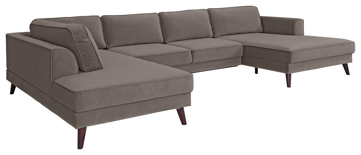 WOHNLANDSCHAFT Taupe Velours  - Taupe/Wengefarben, MODERN, Holz/Textil (201/348/169cm) - Trendmanufaktur