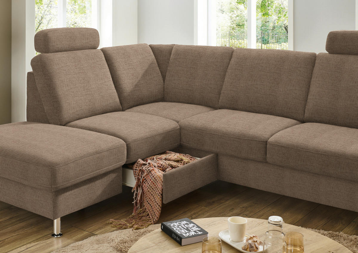 ECKSOFA in Webstoff Hellbraun  - Hellbraun/Alufarben, Konventionell, Textil/Metall (200/241cm) - Beldomo System