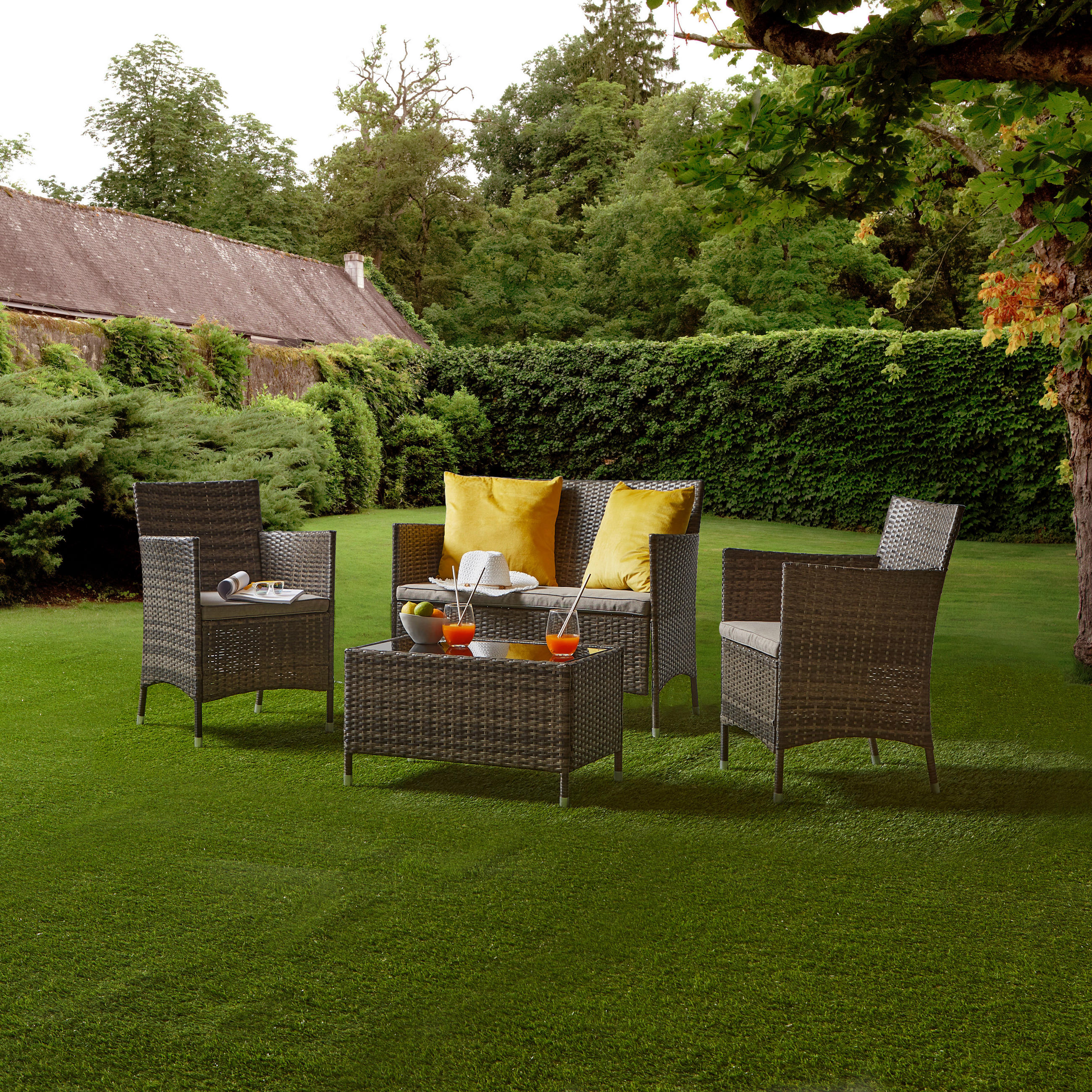 LOUNGEGARNITUR 4-teilig   Stahl  - Dunkelbraun/Creme, MODERN, Glas/Kunststoff - Ondega