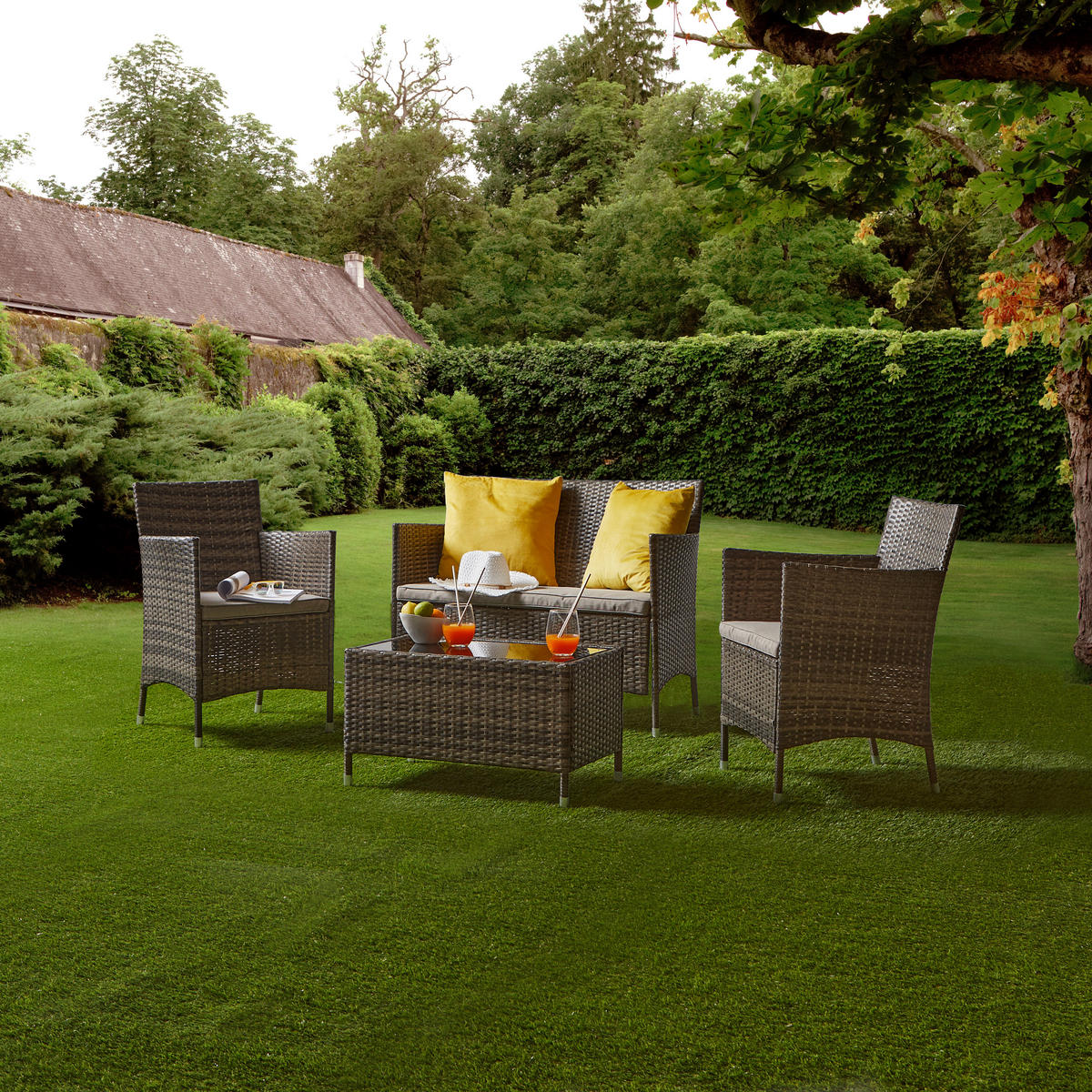 LOUNGEGARNITUR 4-teilig   Stahl  - Dunkelbraun/Creme, MODERN, Glas/Kunststoff - Ondega