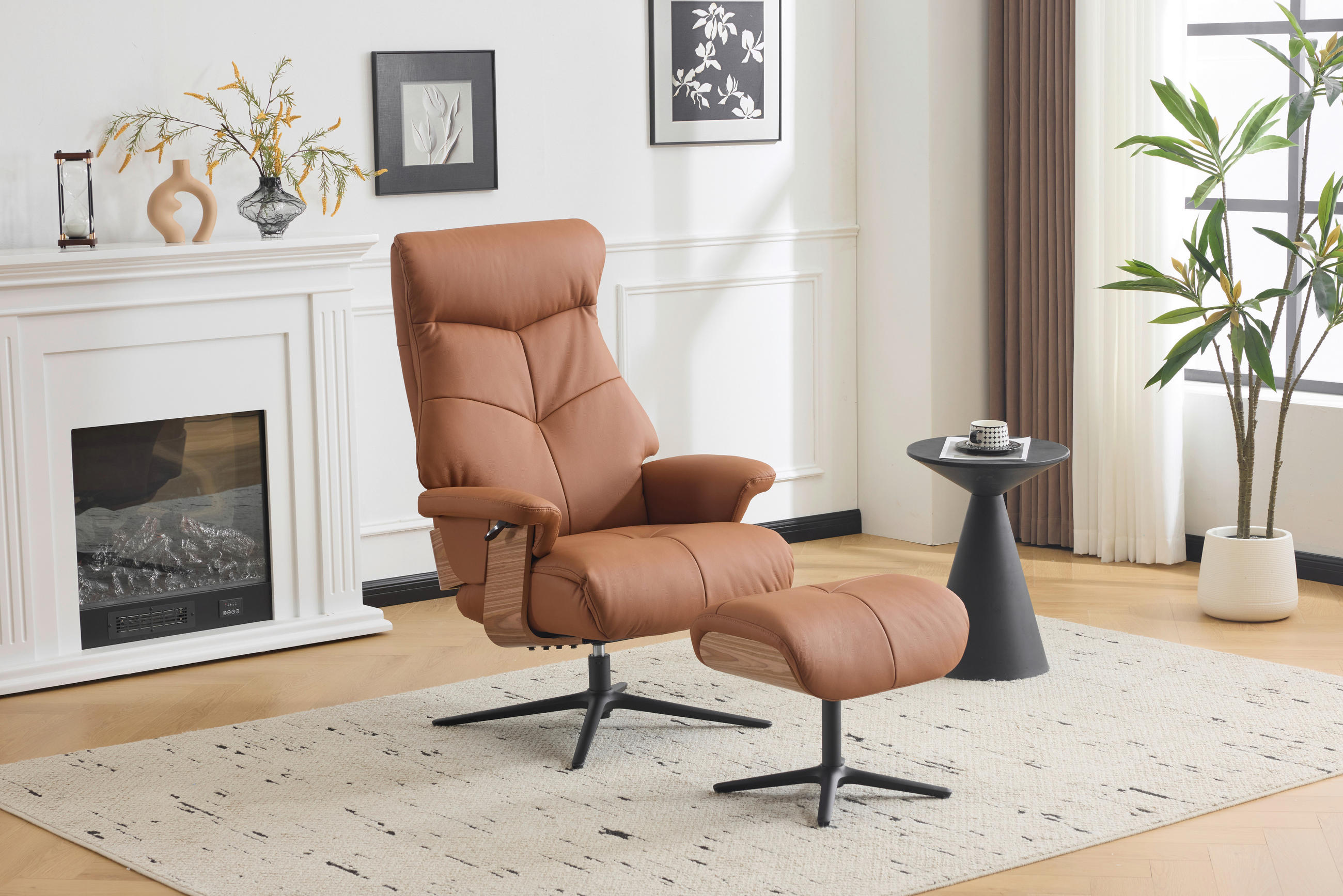 RELAXAČNÍ KŘESLO S TABURETEM, dřevo, textil, kůže, hnědá - černá/hnědá, Design, kov/dřevo (78/111/81cm) - Livetastic