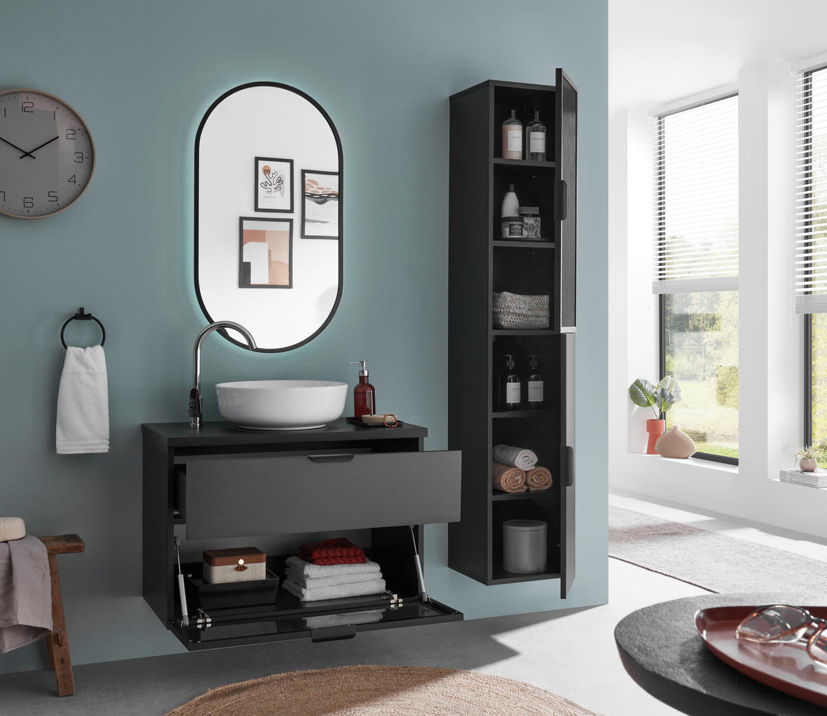 WASCHBECKENUNTERSCHRANK 80/55/46 cm  - Schwarz, KONVENTIONELL, Glas/Holzwerkstoff (80/55/46cm) - home24