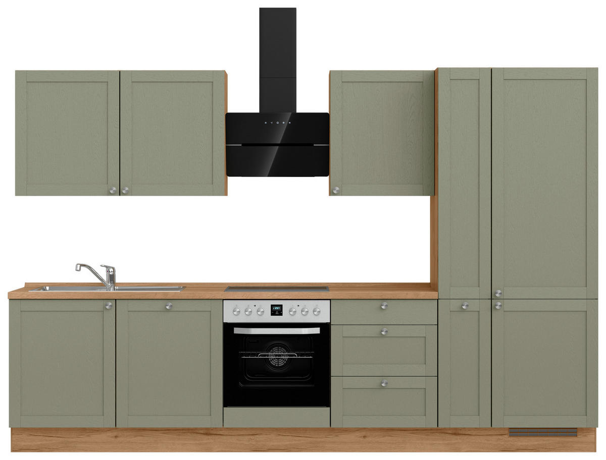 KÜCHENBLOCK Frame 330 cm  in Eichefarben, Olivgrün  - Edelstahlfarben/Eichefarben, MODERN, Holzwerkstoff/Metall (330cm) - Nobilia