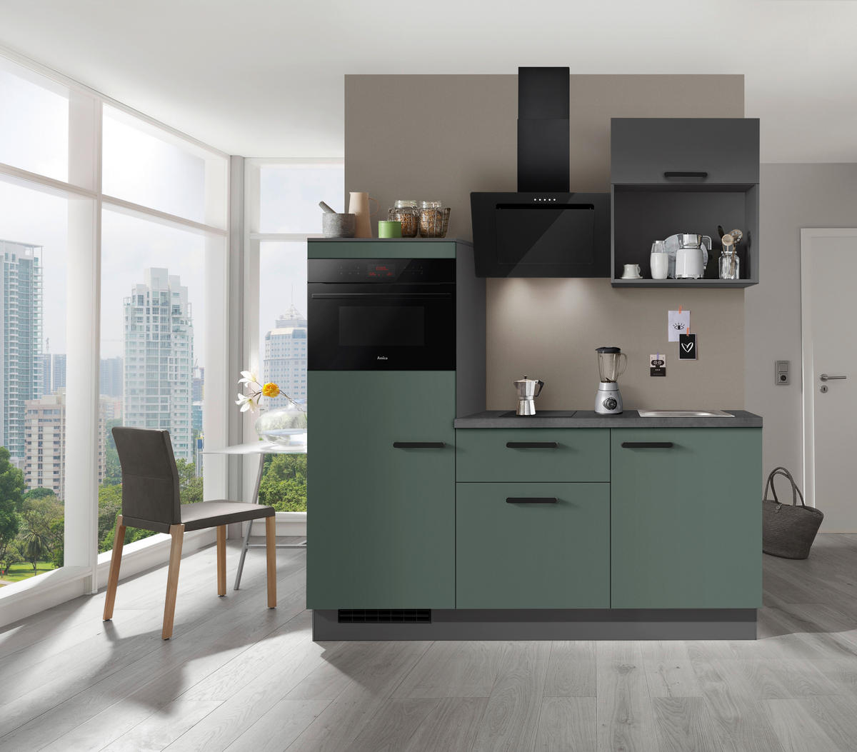 KÜCHENBLOCK 180 cm   in Graphitfarben, Dunkelgrün  - Dunkelgrün/Schieferfarben, Basics, Holzwerkstoff/Metall (180cm) - Impuls