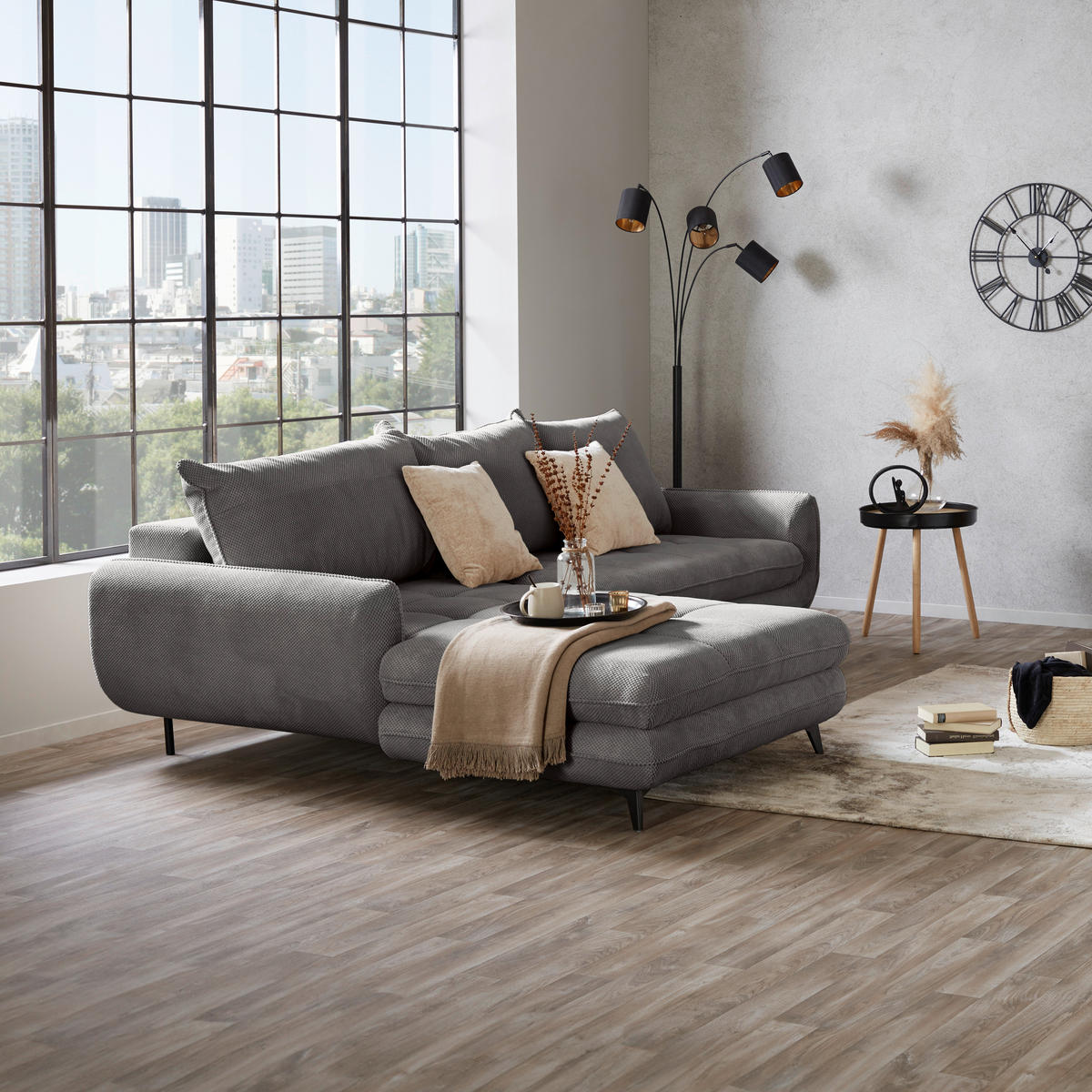 ECKSOFA WAVE Grau Struktur  - Beige/Schwarz, MODERN, Textil/Metall (189/266cm) - MID.YOU