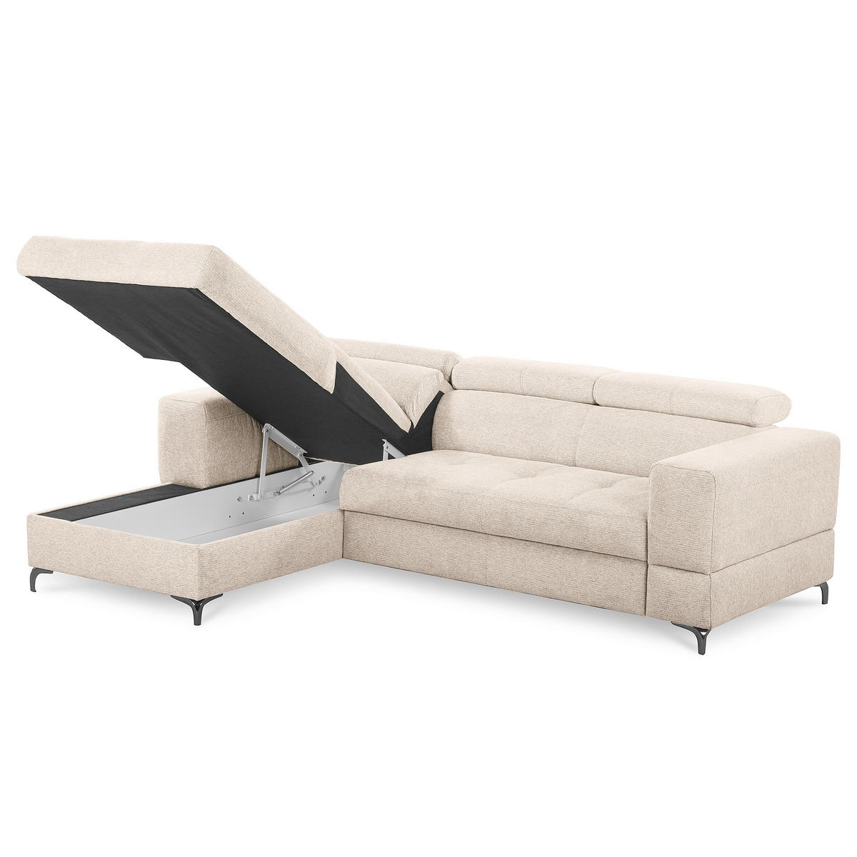 ECKSOFA TORINO Beige Chenille Bettkasten, Kopfteilverstellung  - Beige/Schwarzchrom, Design, Textil/Metall (173/247cm) - Livetastic