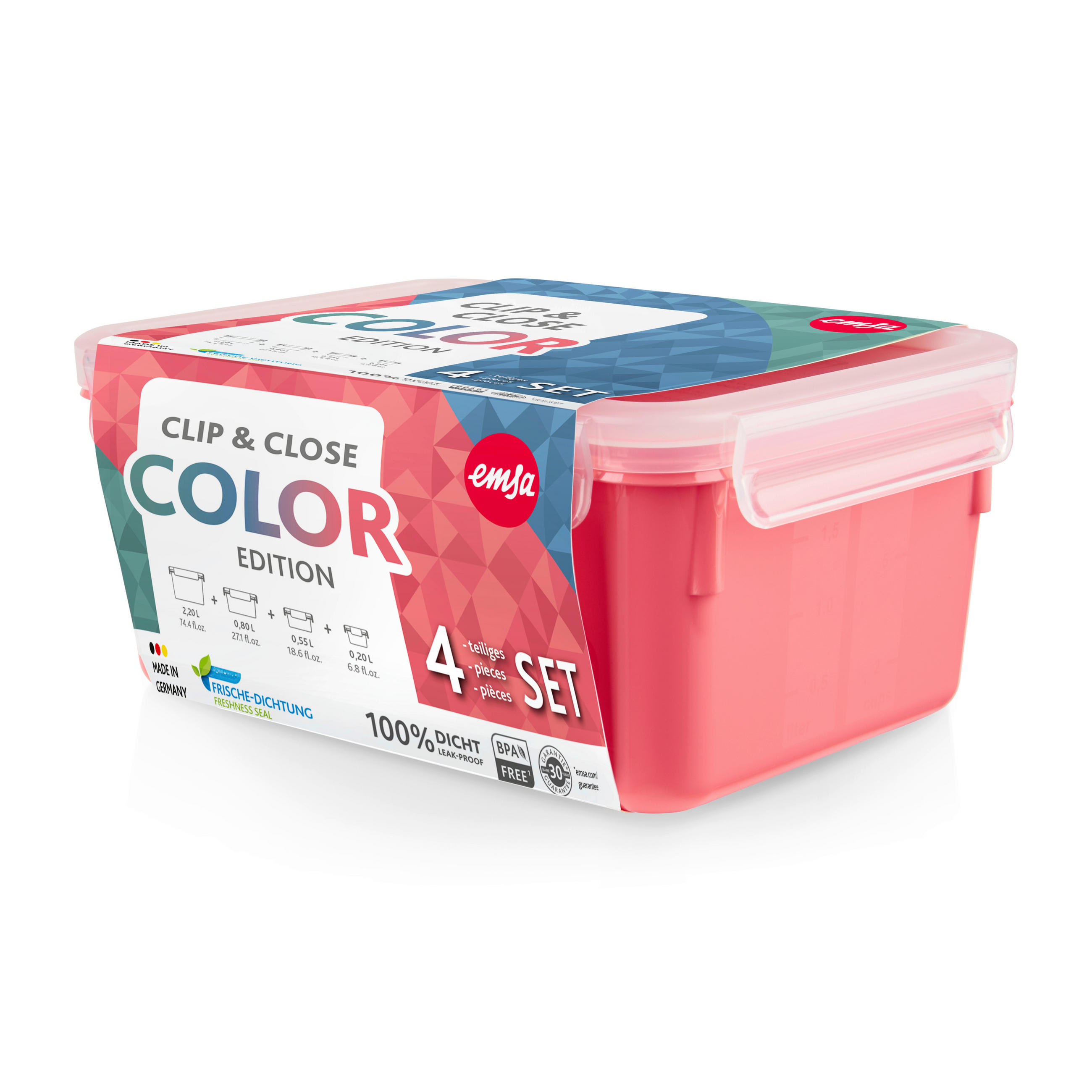 FRISCHHALTEDOSENSET CLIP & CLOSE COLOR EDITION 4-teilig  - Koralle/Transparent, Basics, Kunststoff (22,6/16,7/9,9cm) - Emsa