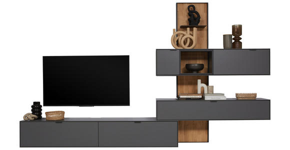 WOHNWAND 4-teilig  in Graphitfarben, Wildeiche  334,5/217,4/37,1 cm  - Wildeiche/Schwarz, Design, Glas/Holz (334,5/217,4/37,1cm) - Dieter Knoll