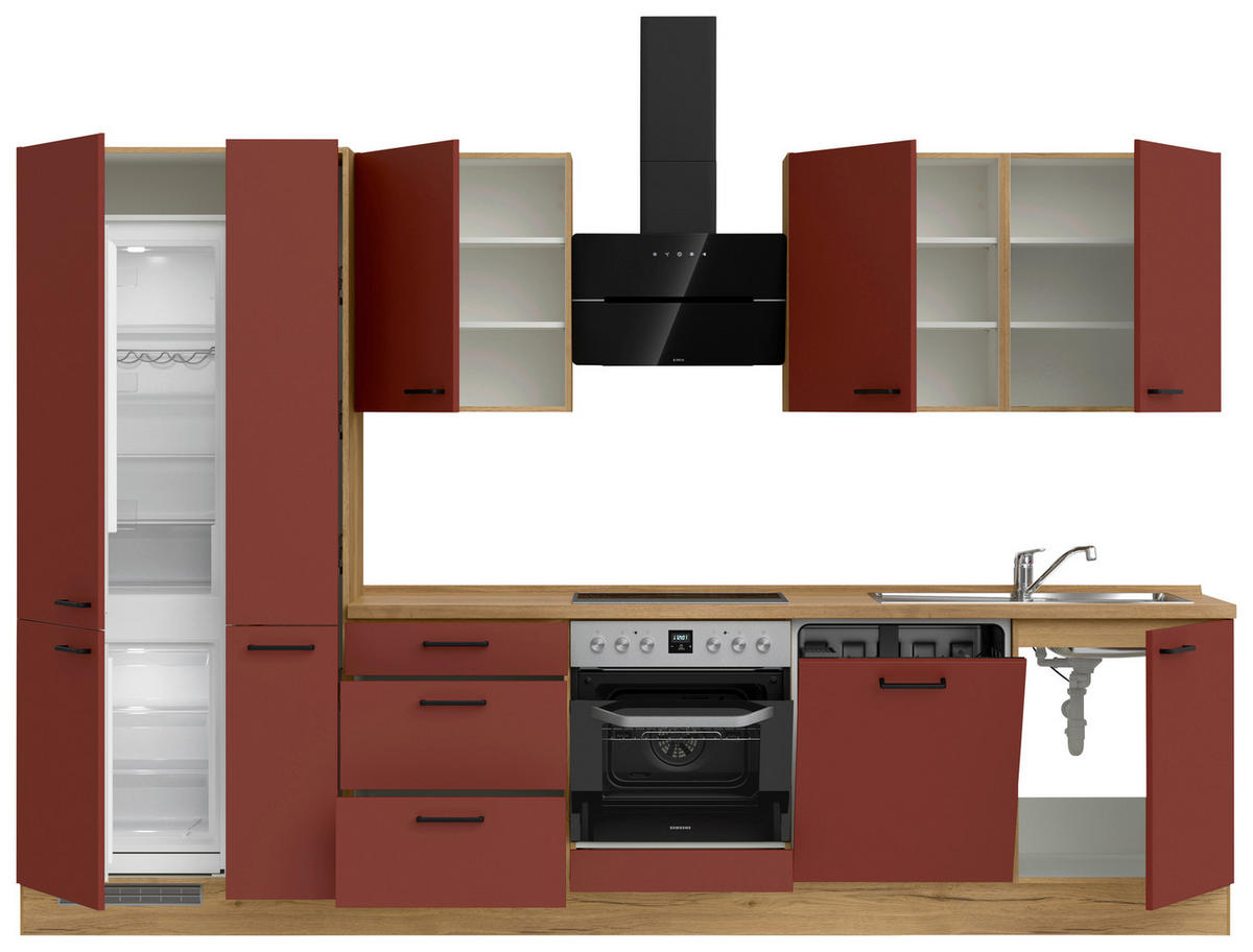 KÜCHENLEERBLOCK 330 cm   in Rot, Eichefarben  - Eichefarben/Rot, MODERN, Holzwerkstoff/Metall (330cm) - Nobilia