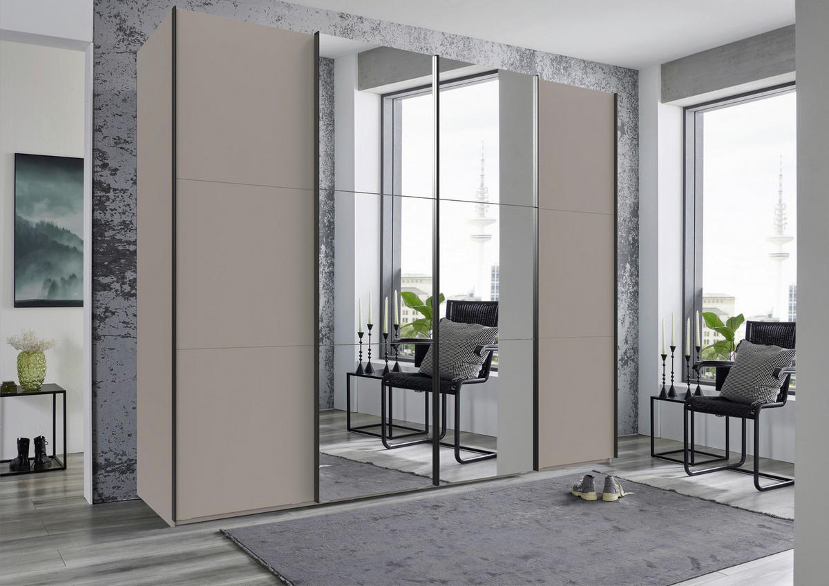 SCHWEBETÜRENSCHRANK 300/236/65 cm 4-türig Sahara  - Schwarz/Sahara, MODERN, Glas/Holzwerkstoff (300/236/65cm) - MID.YOU