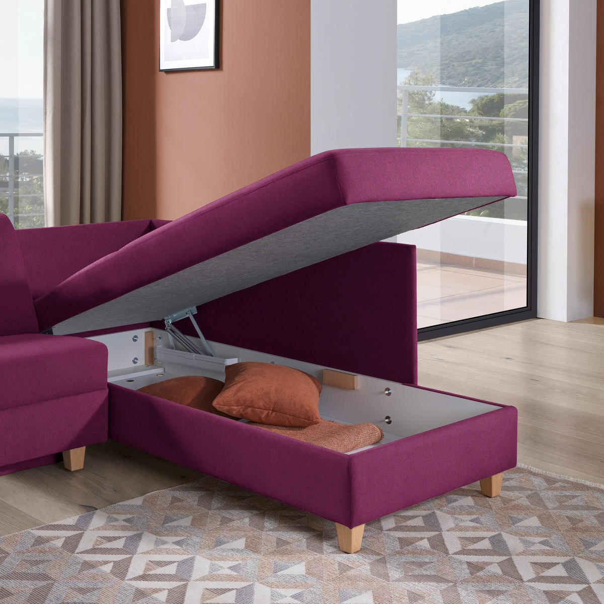 ECKSOFA in Flachgewebe Beere  261/203 cm  - Eichefarben/Beere, KONVENTIONELL, Holz/Textil (261/203cm) - Sedda
