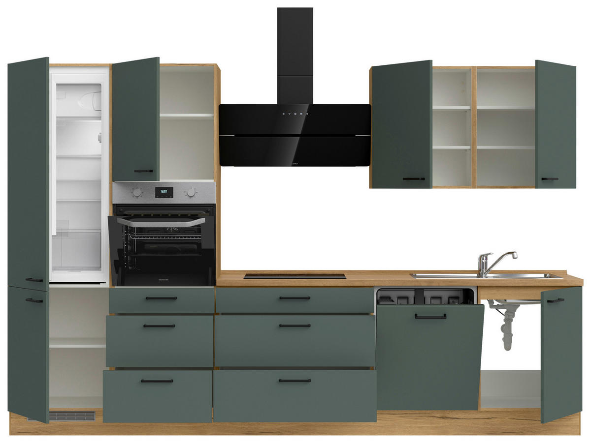 KÜCHENBLOCK Easytouch 330 cm  in Eichefarben, Dunkelgrün  - Dunkelgrün/Eichefarben, MODERN, Holzwerkstoff/Metall (330cm) - Nobilia
