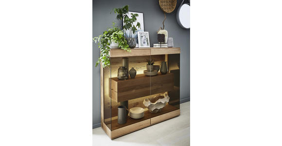 HIGHBOARD Kerneiche vollmassiv Eichefarben Beleuchtung  - Eichefarben, Natur, Glas/Holz (127/119/39cm) - Valnatura