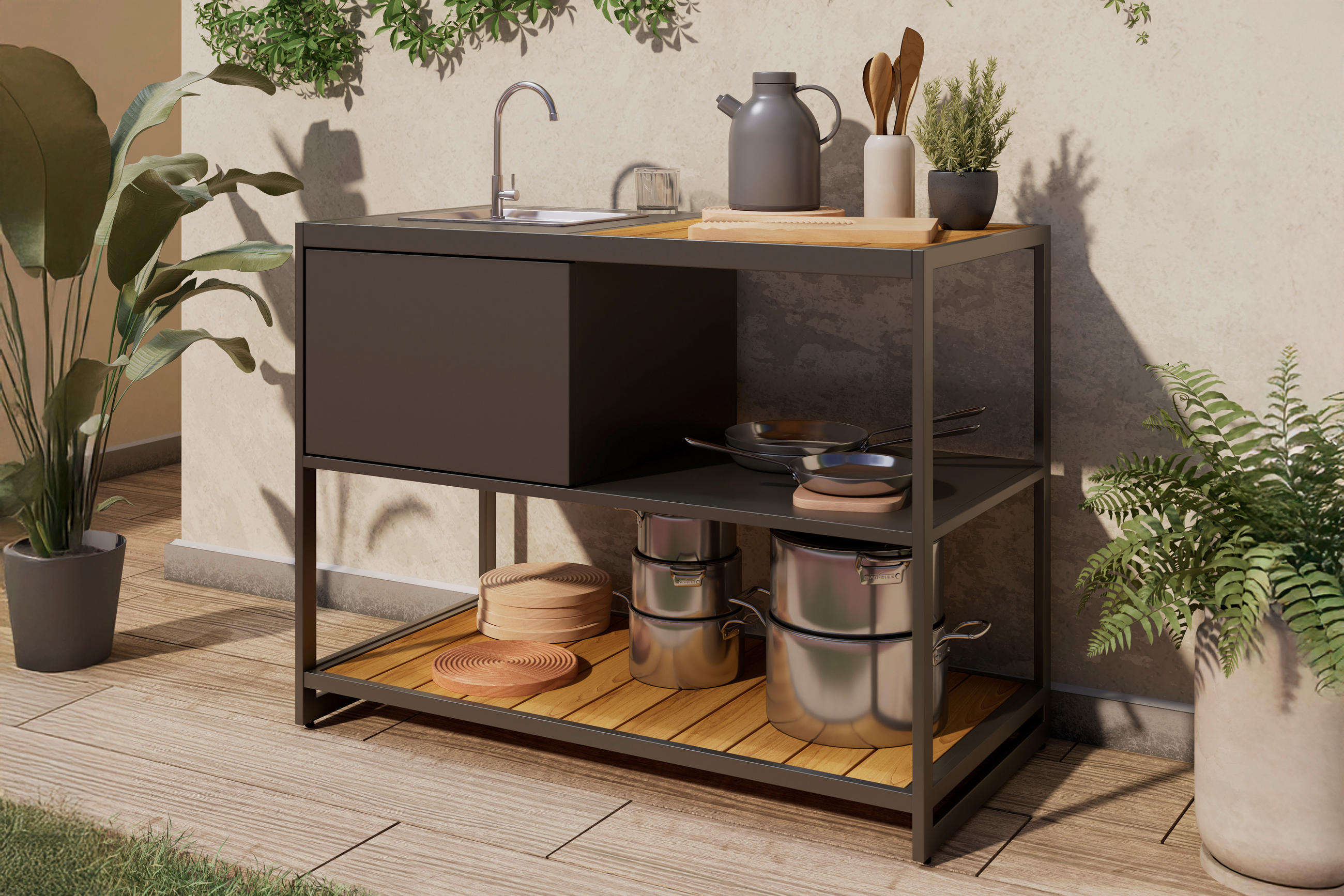 OUTDOORKÜCHE Anthrazit  - Anthrazit/Naturfarben, MODERN, Kunststoff/Metall (120/116/60cm) - Ambia Garden