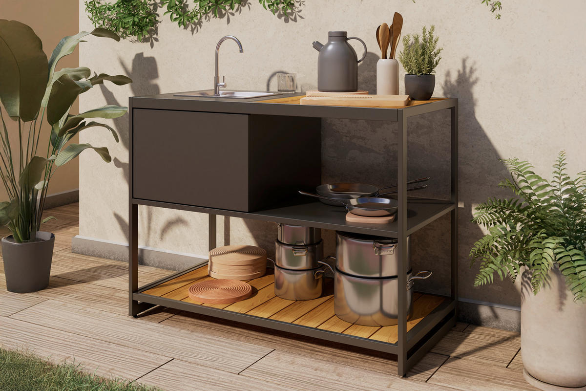 VENKOVNÍ KUCHYNĚ  - přírodní barvy/antracitová, Moderní, kov/plast (120/116/60cm) - Ambia Garden