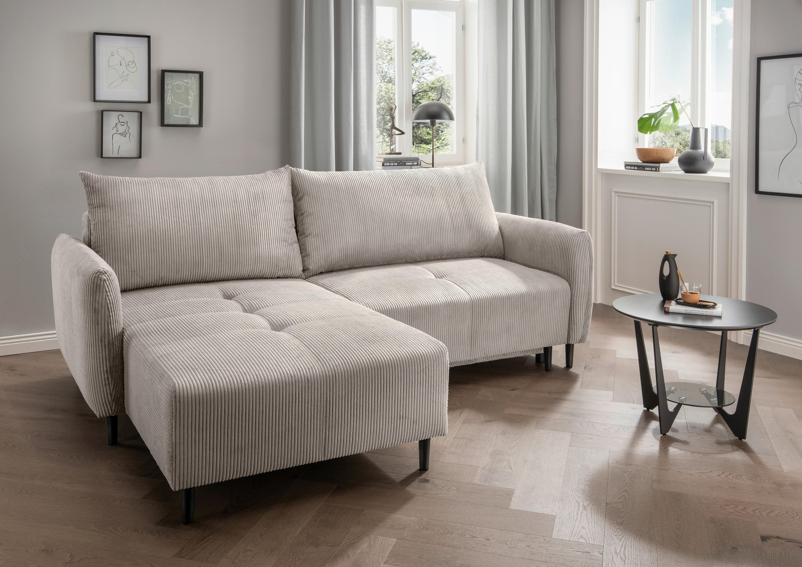 ECKSCHLAFSOFA in Cord Beige - Beige/Schwarz, Basics, Holz/Textil (238/174cm) - Livetastic