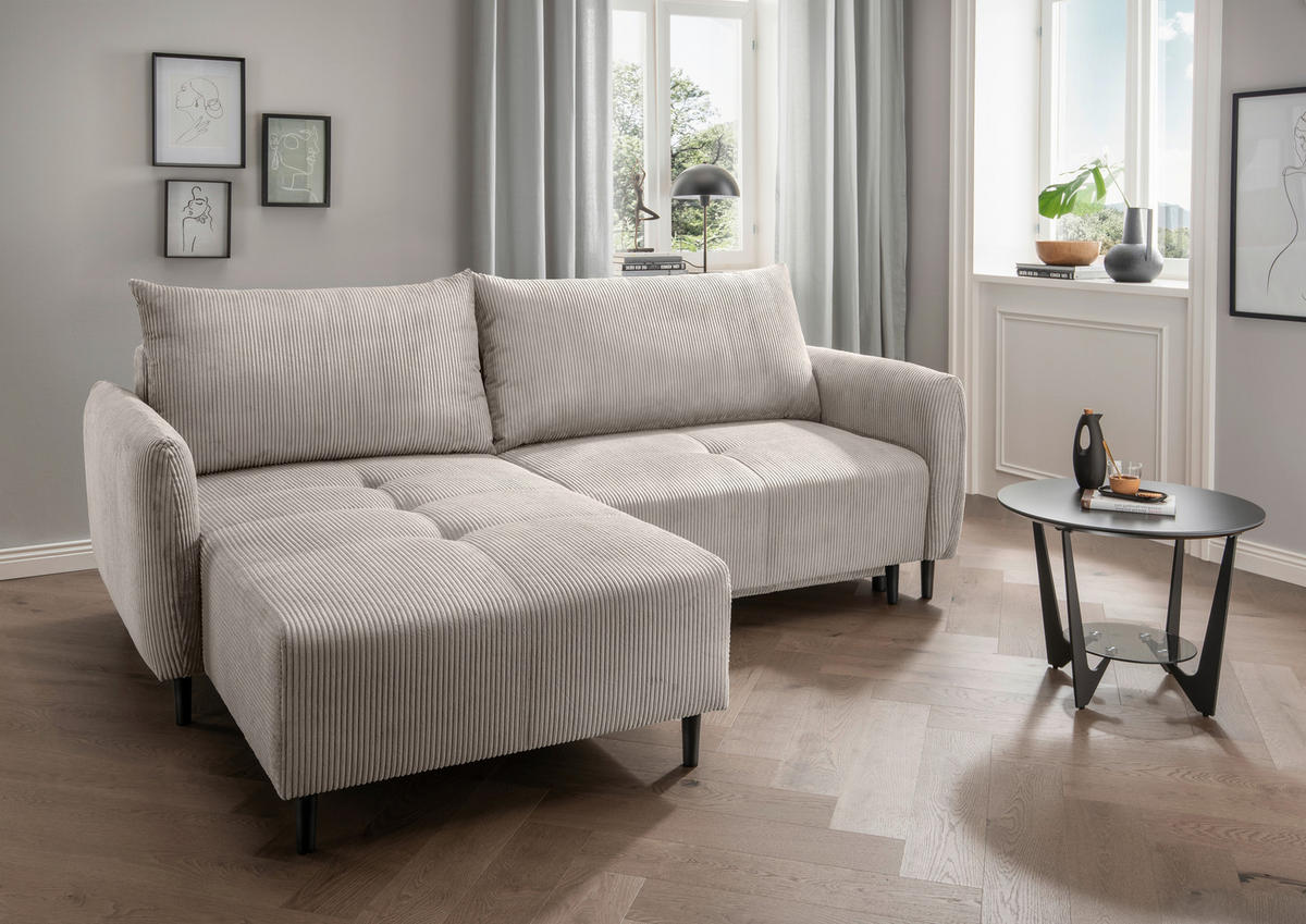 ECKSCHLAFSOFA in Cord Beige  - Beige/Schwarz, Basics, Holz/Textil (238/174cm) - Livetastic