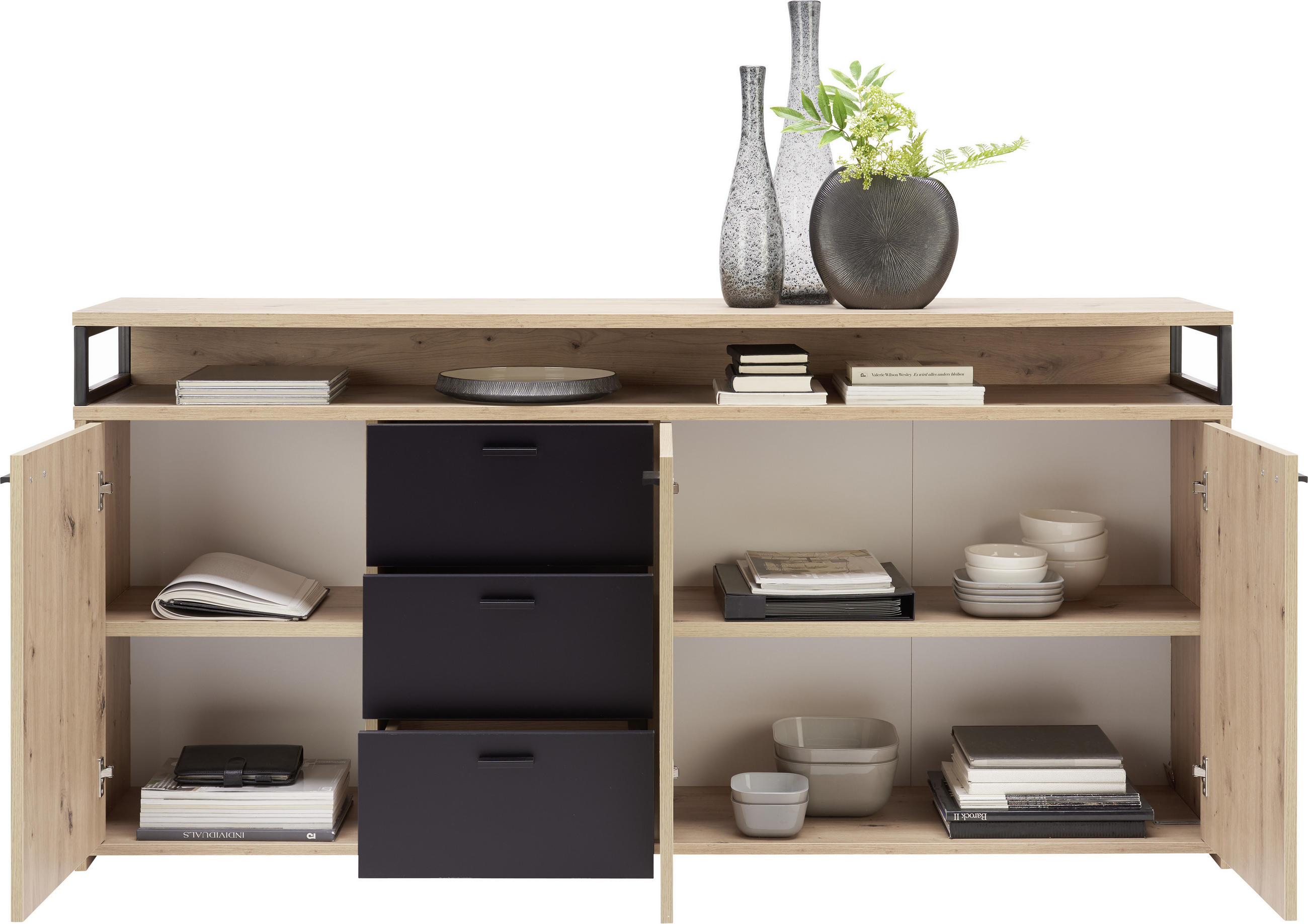 ŠIROKÁ KOMODA, černá, barvy dubu, 177,3/87,8/38 cm - černá/barvy dubu, Konvenční, kompozitní dřevo/plast (177,3/87,8/38cm) - Xora